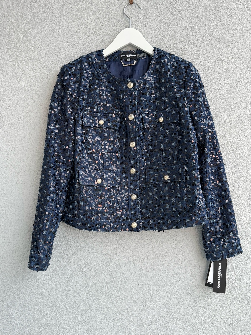 Karl Lagerfeld Navy Sequin Tweed Jacket with Pearl Buttons